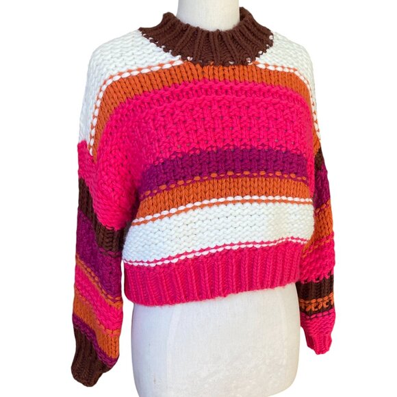 BaeVely Chunky Colorblock Sweater Cropped Y2K Retro Festival Stripes Thick-M - Picture 1 of 15